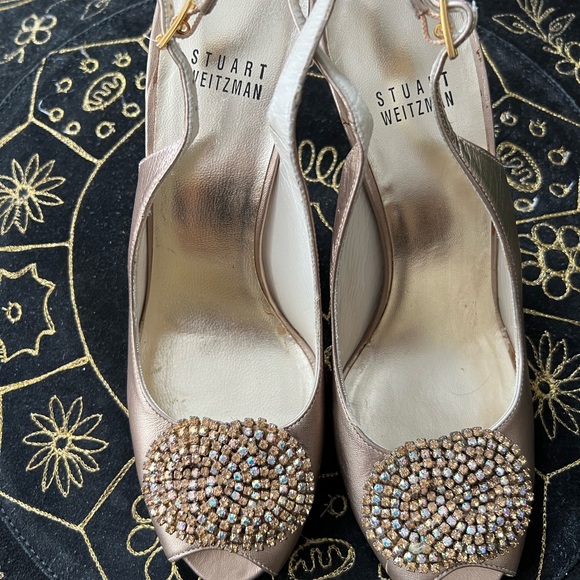 Stuart Weitzman 7 Rhinestone Heels Bronze Slingback Leather Shoes Metallic - Picture 6 of 15
